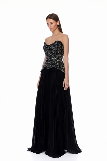 Siyah Gümüş Payetli Peplum Detaylı Abiye Elbise